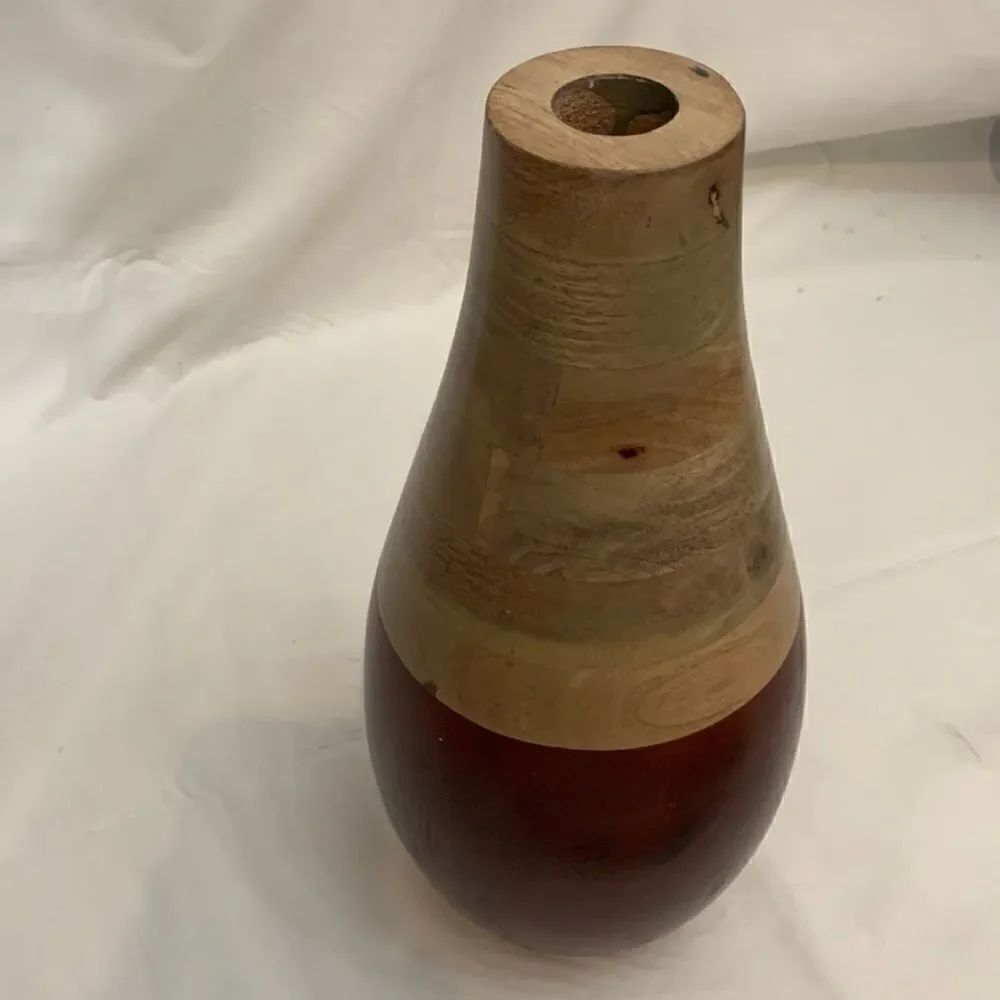 India Wood Handcrafted Vase 15 Inches Tall 2 Toned Accent Floral Decorative